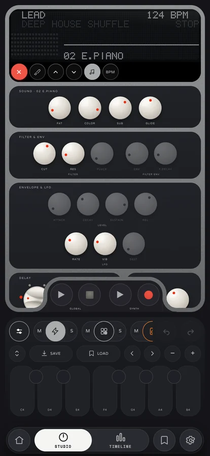 LEAD synth with sound, filter, envelope and LFO knobs