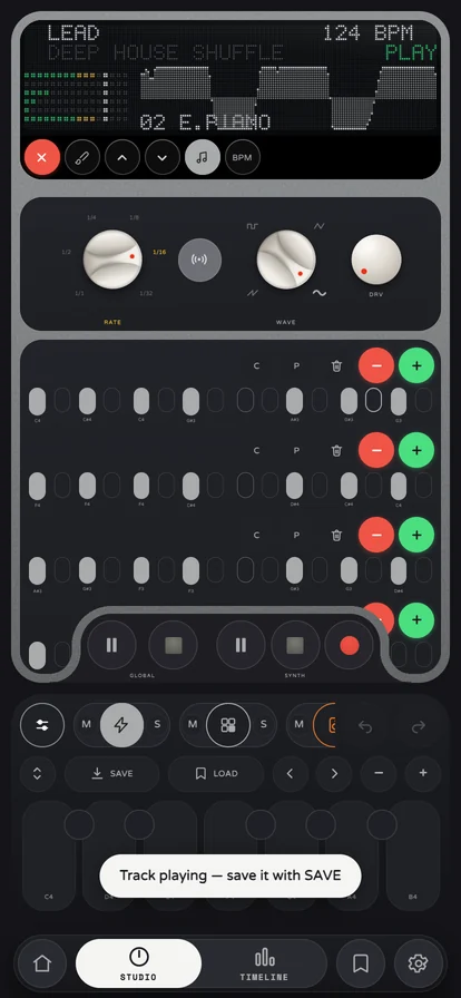 Studio screen with LEAD synth, step sequencer and transport